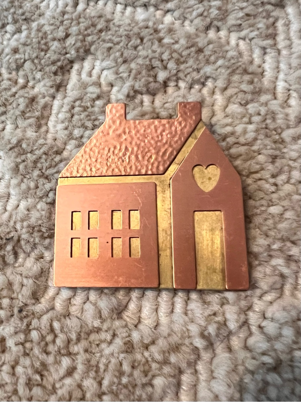 Vintage Metal Copper Heart House Small Hat Whimsical Pin